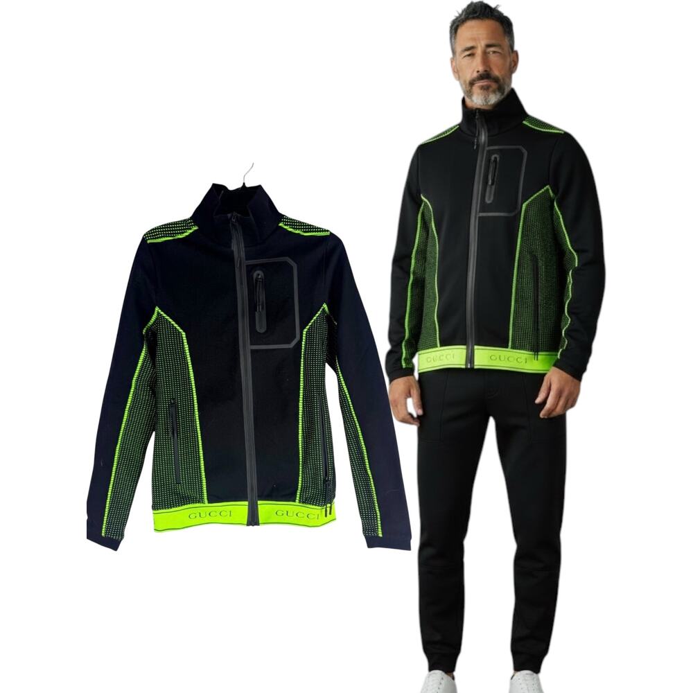New Gucci GG Logo Track Jacket Full Zip Black Green Size Medium